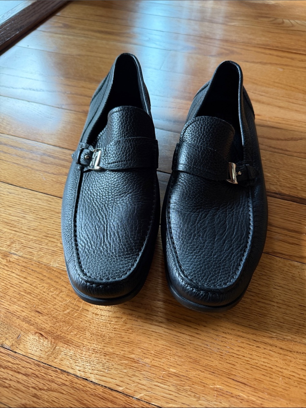 Salvatore Ferragamo black pebble leather size 12 D loafers with side buckle